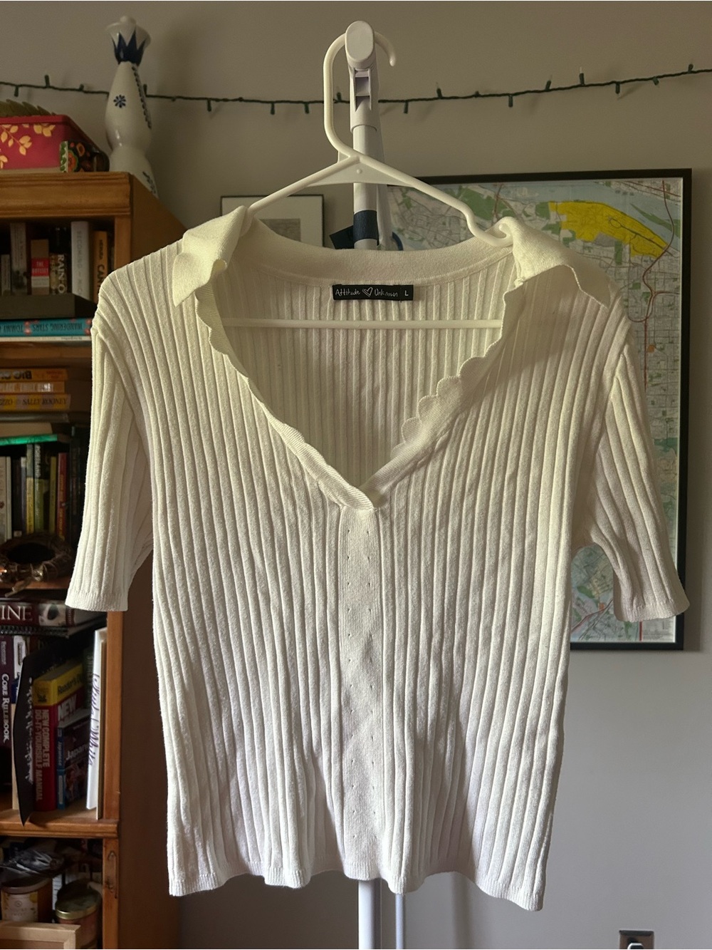 Petite/Small White Ribbed Collared Knit Top